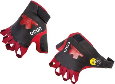 Kletterhandschuhe "Crack Gloves Pro" von Ocun; schwarz mit roten Akzenten; fingerloses Design.