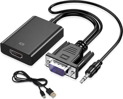 Produktbild von VGA-zu-HDMI-Adapter, 1080p-HD-Konverter, VGA-Stecker auf HDMI-Buchse, mit 3,5-mm-Audiokabel und USB-Stromkabel für PC und Laptop an HDTV