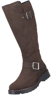 Das Bild zeigt einen braunen Stiefel aus Leder der Stiefel steht auf einer hellen Oberfläche Der Stiefel ist von der linken Seite zu sehen