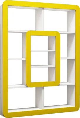 A white and yellow bookshelf against a white background.