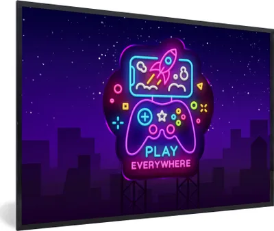 Produktbild von MuchoWow® Gerahmtes Poster Gaming - Neon - Spielen - Blau - Nacht - Controller 60x40 cm - Poster mit Schwarzem Bilderrahmen Wandposter Rahmen Foto Bilder - Printing - Wanddeko Schlafzimmer