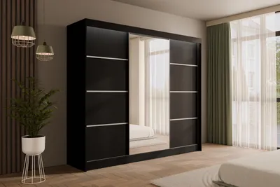 Produktbild von ALTDECOR Kleiderschrank mit Spiegel und Schiebetüren, kugelgelagerte Führungsschienen und Aluminium-Leisten, LED-Beleuchtung (weiß + 16 Farben) und Fernbedienung - PAOKI - 250 cm Schwarz