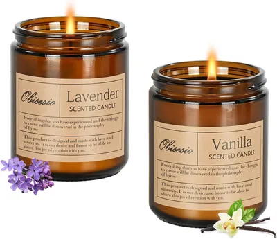 Immagine prodotto di Set di 2 candele profumate, vaniglia e lavanda, realizzate con cera di soia, con una durata di combustione di 45-50 ore, ideali per il relax