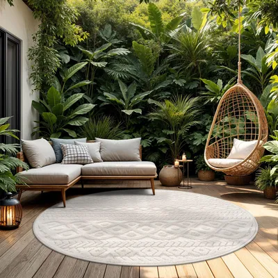 Produktbild von TT Home In-& Outdoorteppich Wetterfest Balkon Schlafzimmer Boho Skandi Motiv Unifarben Geometrische Optik Moderner Style Größe 200 cm Rund