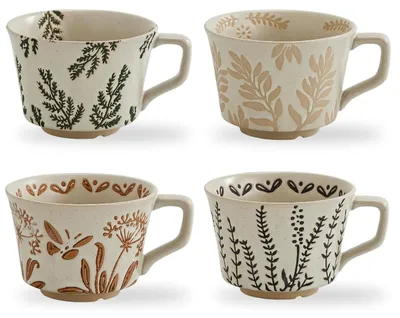 4er-Set Kaffeetassen 350 ml, Keramik, botanische Motive