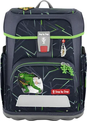 A front view of a children's backpack with a ninja graphic.