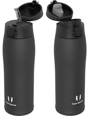 Immagine prodotto di Borraccia in acciaio inossidabile, thermos da 750 ml, senza BPA, a prova di perdite, con 2 coperchi, colore nero