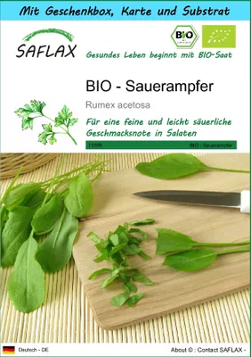 Produktbild von SAFLAX - Geschenk Set - BIO - Sauerampfer - 400 Samen - Mit Geschenk- / Versandbox, Versandaufkleber, Geschenkkarte und Anzuchtsubstrat - Rumex acetosa