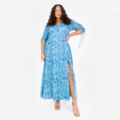 Produktbild von Blumenmuster-Maxikleid für Damen, mit V-Ausschnitt und A-Linie, Sommerkleid für Partys, mit Raffungen und Kordelzug