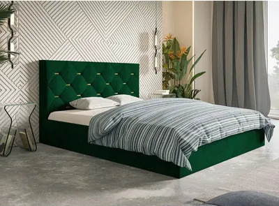 Produktbild von Polsterbett SIM 4 mit Kopfteil, 180x200 cm, Doppelbett mit Bettkasten und Lattenrost aus Holz, Velourstoff, Farbe: Grün