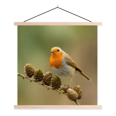 Produktbild von MuchoWow® Textilposter Vogel - Rotkehlchen - Tannenzapfen - Zweig - Herbst 40x40 cm mit holzfarbenen Rahmen - Posterleiste
