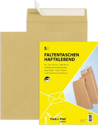 Produktbild von MAILmedia Faltenversandtasche mit Haftklebestreifen B4 braun 40 mm Falte 5 Stück