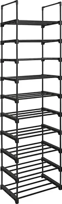 A tall, black, multi-tiered shoe rack.