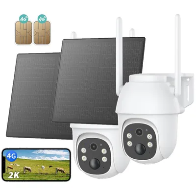 Image de 2 pièces 4G LTE caméra de surveillance extérieure solaire avec carte SIM 2K HD 3MP PTZ caméra sans fil sans WLAN extérieur batterie couleur/IR vision de nuit détection PIR