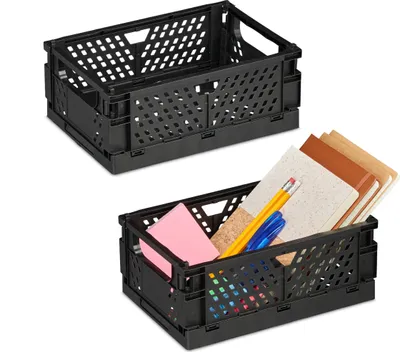 Immagine prodotto di 6 contenitori pieghevoli, piccoli cestini portaoggetti, pieghevoli e impilabili, L x P x A: 10 x 25 x 26,5 cm, plastica, nero