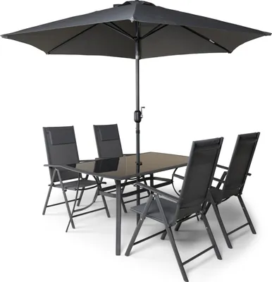 Produktbild von FARUM Lounge-Set mit 4 Stühlen, Tisch und Sonnenschirm (270 cm Durchmesser), Allwettergeflecht
