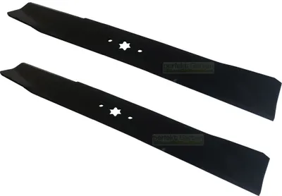 Two black lawnmower blades are shown against a white background.
