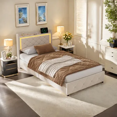 Produktbild von ProximaX Gemütliches Gasdruckbett 90x200 cm mit LED-Kopfteilleuchte, USB-Ladefunktion & weichem Veloursbezug, in Beige
