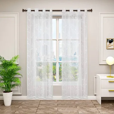 Produktbild von WOLTU 2er Set Gardinen transparent Blumen Stickerei mit Ösen Leinen Optik, Doppelpack Vorhang Fensterschal Dekoschal, 140x175 cm, Weiß