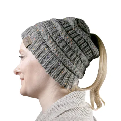 Produktbild von Strick Winter Beanie - Pferdeschwanz Mütze - mit Zopf Loch - in Grau Gesprenkelt