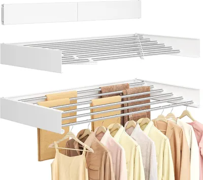 Productafbeelding van Wanddroogrek opvouwbaar - Kledingdroogrek voor aan de muur - 95 cm breed - 6 uitklapbare aluminium staven - Wit