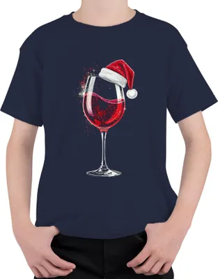 Produktbild von Weinglas Weihnachtsmütze Rotwein Weihnachten Geschenk Weinparty Uni Kinder T-Shirt, Navy, 152