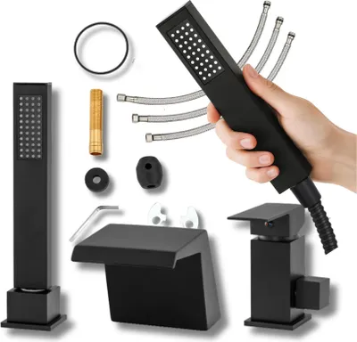 A collection of black bathroom fixtures and accessories laid out on a white background.