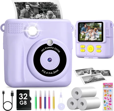 Produktbild von Kinderkamera, Sofortbildkamera Kinder, 1080P 2,4 Zoll Bildschirm Digitalkamera mit Druckpapier & 32GB TF Karte, Sofortdruck Kamera, Lila