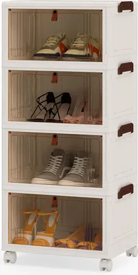 Produktbild von COSTWAY 4 stöckige Schuhboxen, stapelbare Aufbewahrungsbox mit Deckel, Türen & Rollen, Schuhschrank faltbar für Eingangsbereich, Flur, 39 × 27 × 85 cm