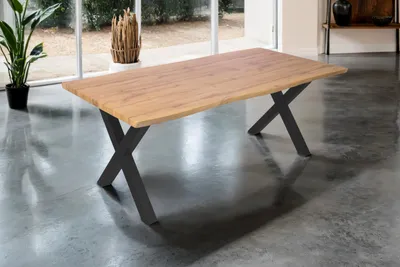 Produktbild von Esstisch 200x100 cm Baumkante Holz Wildeiche-Optik X-Gestell Metall schwarz JOSY
