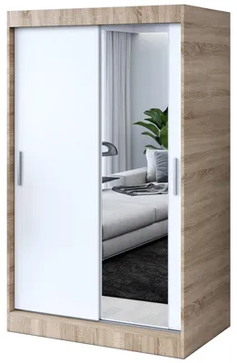 Produktbild von Kleiderschrank mit Spiegel - 120x200cm - Sonoma Eiche & Weiß Matt - Schiebetürenschrank HUGO - 2-türig - mit 2 Kleiderstangen