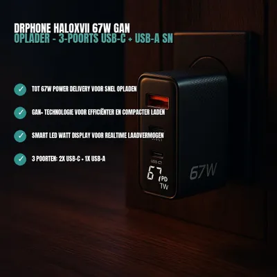 Productafbeelding van DrPhone HALOXVII 67W GaN Oplader – 3-Poorts USB-C + USB-A Snellader met Power