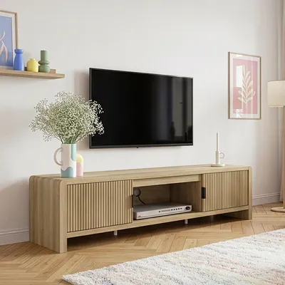 Produktbild von Fernsehschrank 'Lukkodso' mit 3 Fächern und 2 Türen 150 x 40 x 40 cm Eicheoptik, mittelhell