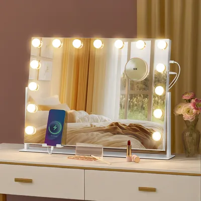 Produktbild von SONGMICS Schminkspiegel mit LED-Beleuchtung, Touch-Steuerung, 15 LED-Glühbirnen, mit Ladeanschlüssen, 3 Lichtfarben