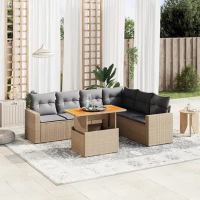 Produktbild von Design 7-tlg. Garten-Sofagarnitur mit Kissen Beige Poly Rattan, Gartenmöbel-Sets 2024 Neu