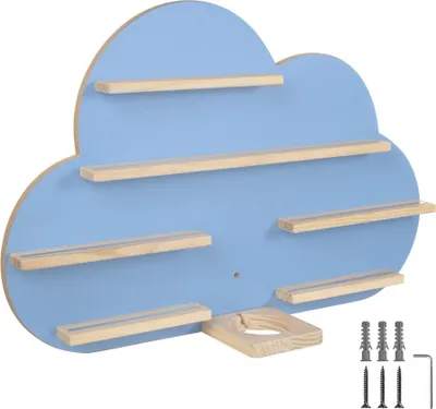 A cloud-shaped wall shelf with wooden shelves and mounting hardware.