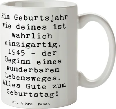 Produktbild von Mr. & Mrs. Panda Kaffeetasse Spruch 1945 Geburtstag - Weiß - Geschenk, Happy Birthday, handgefertigte Geschenke, Jubiläum, Becher, Tasse, Teetasse, Keramikbecher, Alter