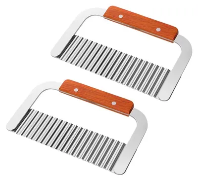 Two wavy potato cutters with wooden handles are shown against a white background.