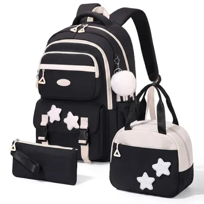 Produktbild von Schulranzen Mädchen Set mit Lunchpaket & Mäppchen, Schwarz