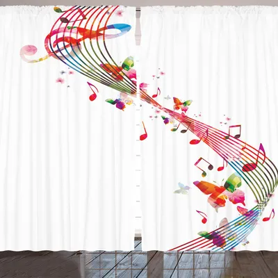 Produktbild von ARANDE Musik Gardine, Bunte Artwork Mit Noten Und Schmetterlinge Frühling Inspiriert Party Thema, 280 x 175 cm, Mehrfarbig