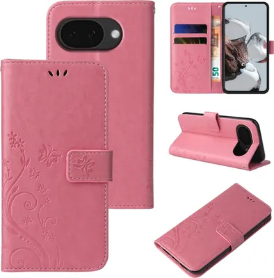 Produktbild von Handyhülle für Google Pixel 10a Floral Blumen Schmetterling Flip Cover Hülle Case Klapphülle Handytasche Farbe: Rosegold