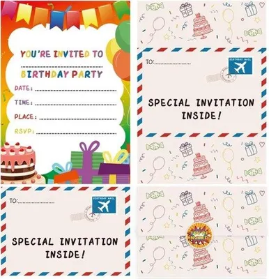 Productafbeelding van 36 kinderfeestje-uitnodigingen met enveloppen en stickers