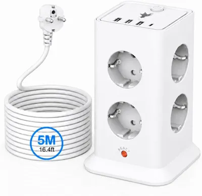 Zdjęcie produktu dla Listwa zasilająca z zabezpieczeniem przeciwprzepięciowym - 8 gniazd i 4 porty USB (1 port USB-C) - biała - 5 metrów