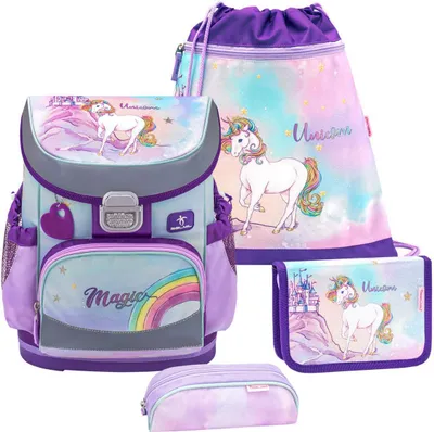 Zdjęcie produktu dla Zestaw tornistrów Belmil MINI FIT 2023 Rainbow Unicorn Magic (motyw: jednorożec) dla dziewczynek od 1 klasy szkoły podstawowej
