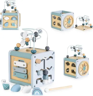Produktbild von Moni Aktivitätswürfel Holz W11B316, Sortierspiel, Xylophon, Labyrinth, Motorik blau