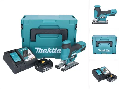 A Makita cordless jigsaw kit with a storage case, batteries, and charger.