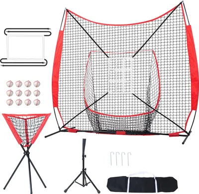Obrázek produktu pro SucceBuy 7x7 ft baseballová softballová tréninková síť, přenosná tréninková síť pro odpalování, chytání a házení, včetně rámu na oblouk, tašky na přenášení, strike zóny, 12 míčků, odpaliště a sběrače míčků