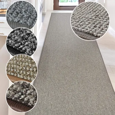 A hallway runner rug with several close-up insets showing different textures and colors of rugs.