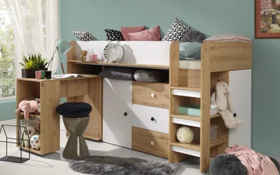 Produktbild von MINIO go for it, Hochbett mit Schreibtisch SMARTI Weiss Rechts