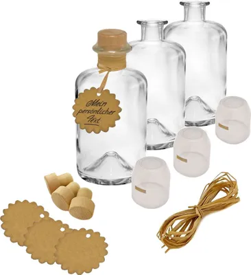 Produktbild von 3x Apothekerflaschen Glas Geschenk Komplettset leer 500 ml Anhänger Kapsel transparent Korken Bast zum selbst befüllen